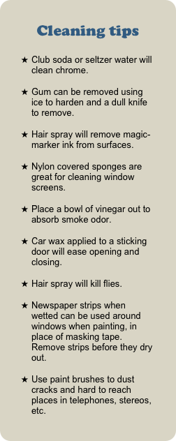 Cleaning tips&#10;Club soda or seltzer water will clean chrome.&#10;Gum can be removed using ice to harden and a dull knife to remove.&#10;Hair spray will remove magic-marker ink from surfaces.&#10;Nylon covered sponges are great for cleaning window screens.&#10;Place a bowl of vinegar out to absorb smoke odor.&#10;Car wax applied to a sticking door will ease opening and closing.&#10;Hair spray will kill flies.&#10;Newspaper strips when wetted can be used around windows when painting, in place of masking tape. Remove strips before they dry out.&#10;Use paint brushes to dust cracks and hard to reach places in telephones, stereos, etc.